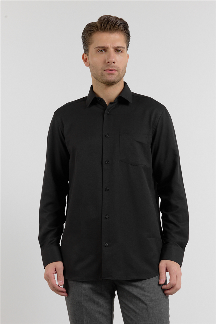 Siyah Sert Yaka Uzun Kol Cepli Comfort Fit Pamuklu Gömlek 1004255285