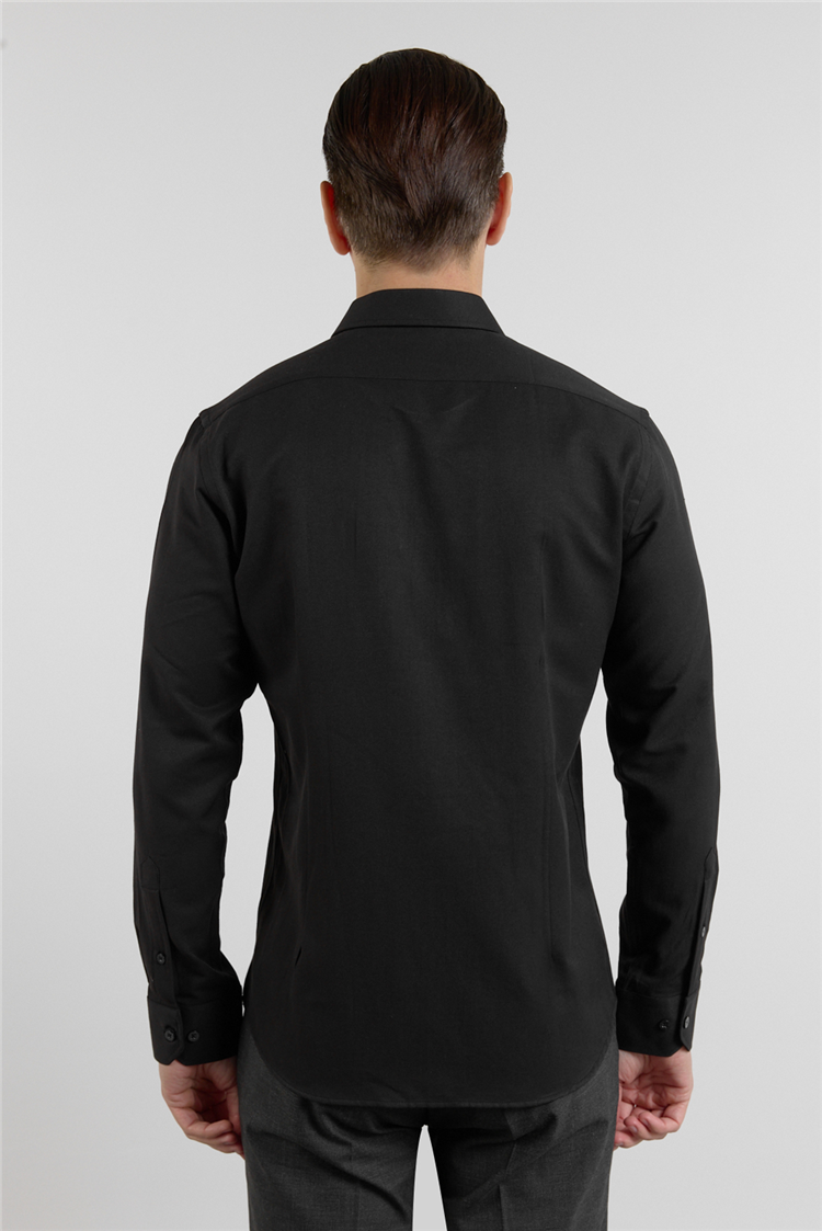 Siyah Sert Yaka Uzun Kol Cepsiz Slim Fit Pamuklu Gömlek 1004255284