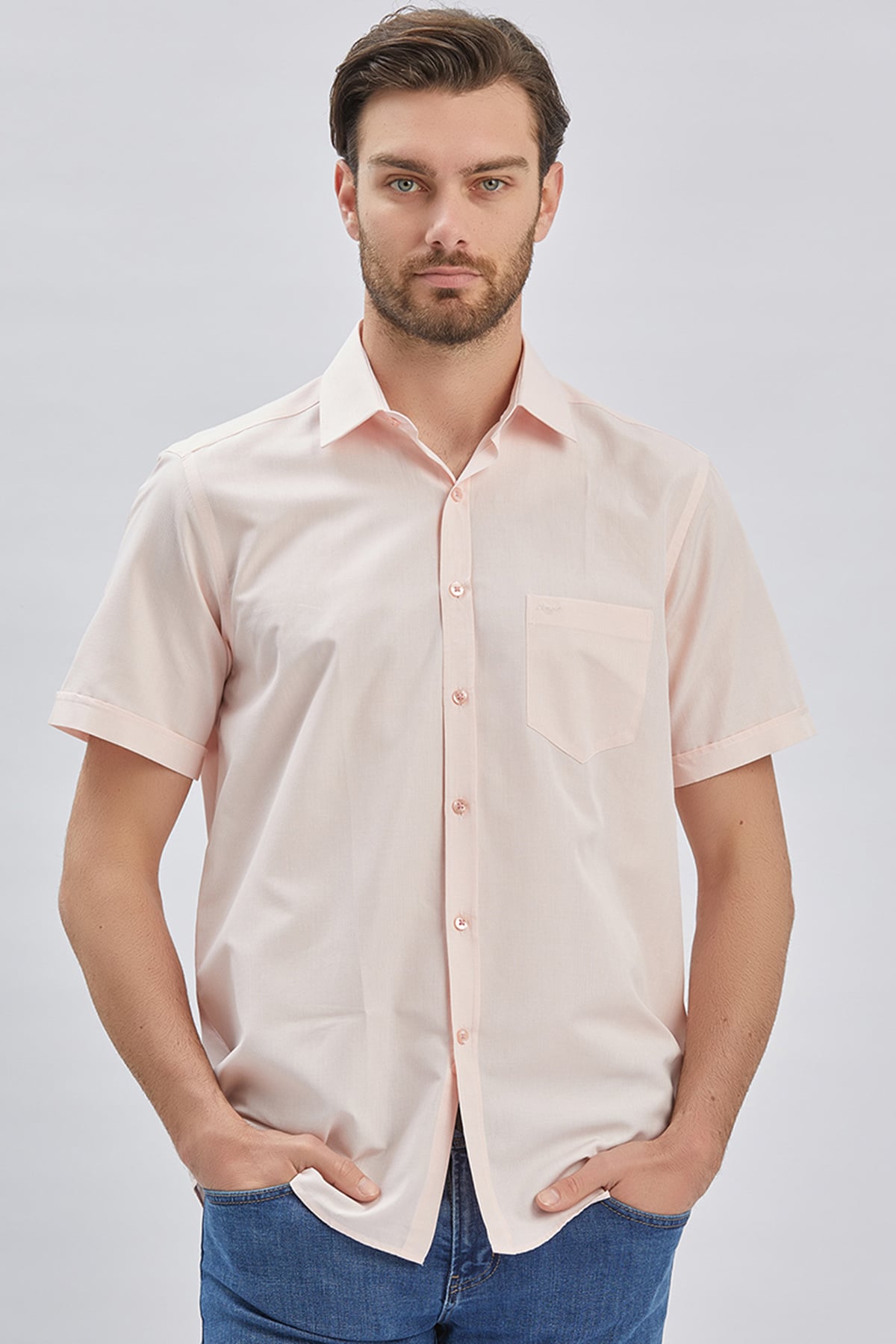 Pembe Kısa Kollu Cepli Pamuklu Klasik Comfort Fit Rahat Kesim Gömlek 1004240231
