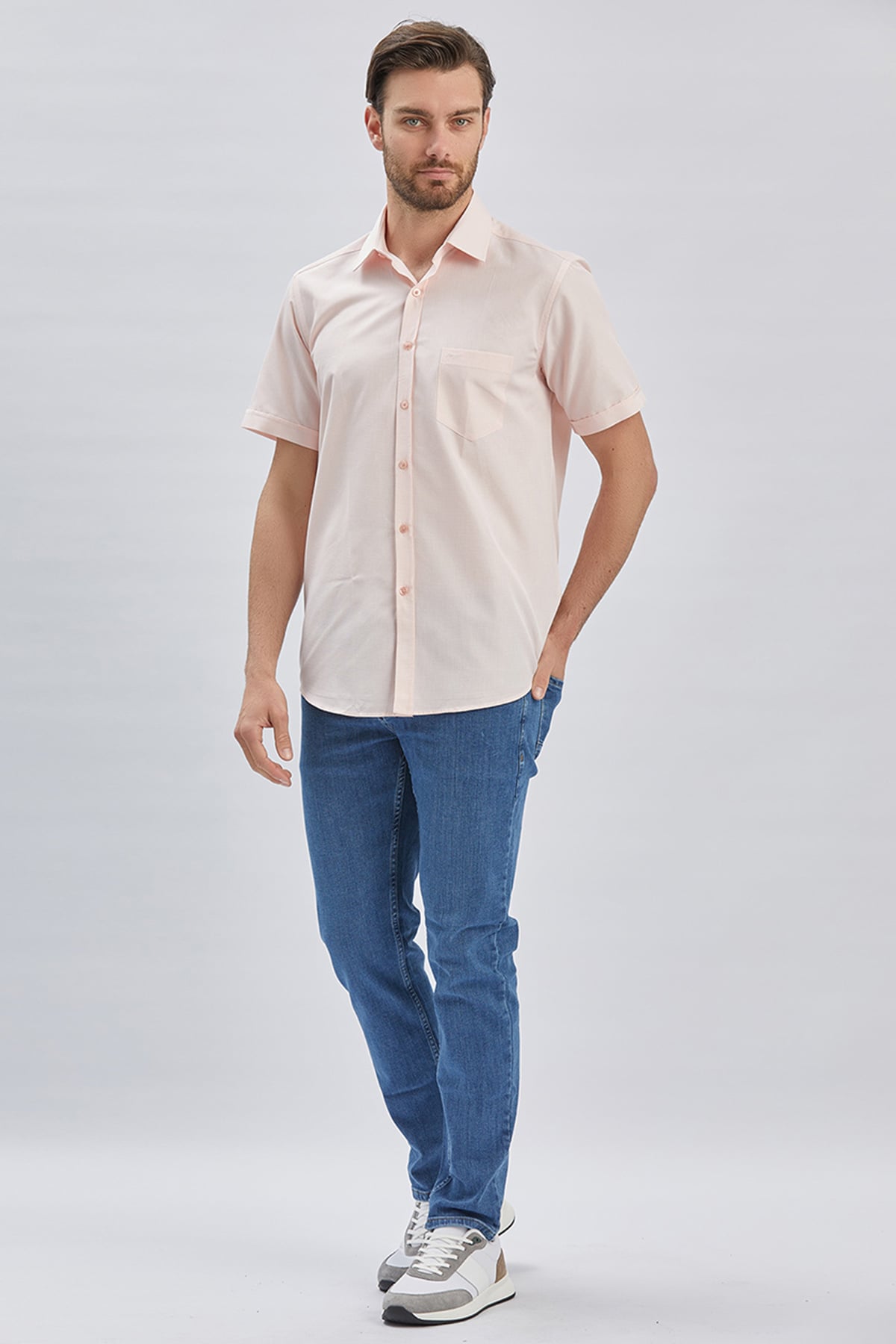 Pembe Kısa Kollu Cepli Pamuklu Klasik Comfort Fit Rahat Kesim Gömlek 1004240231