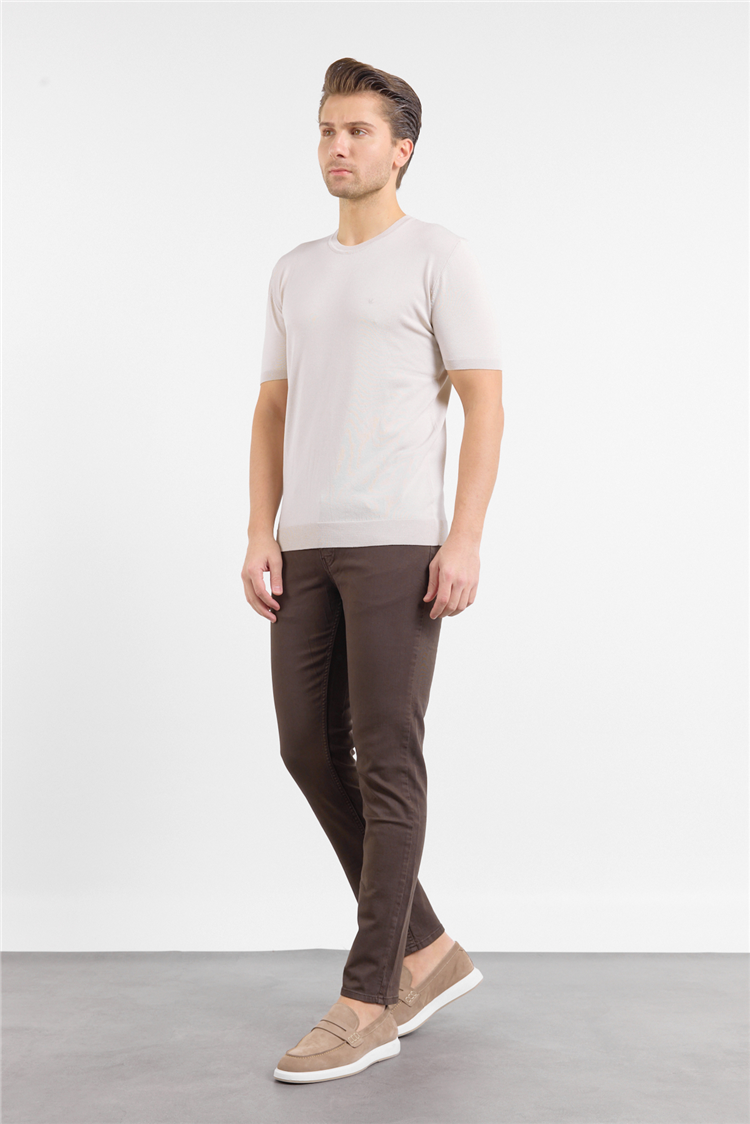 Taş Rengi Kısa Kol Bisiklet Yaka Basic Slim Fit Tişört 1011250179