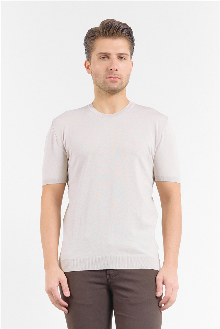Taş Rengi Kısa Kol Bisiklet Yaka Basic Slim Fit Tişört 1011250179