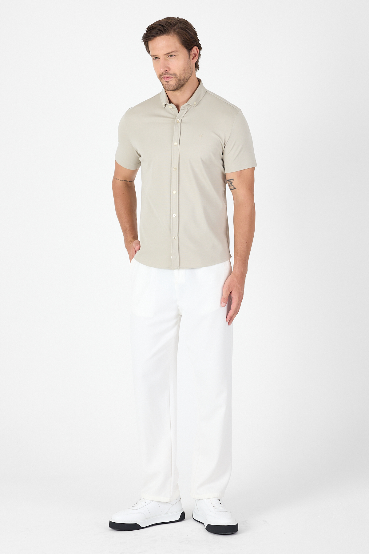 Taş Kısa Kol Düğmeli Yaka Cepsiz Performans Ürün Slim Fit  Gömlek 1004250256