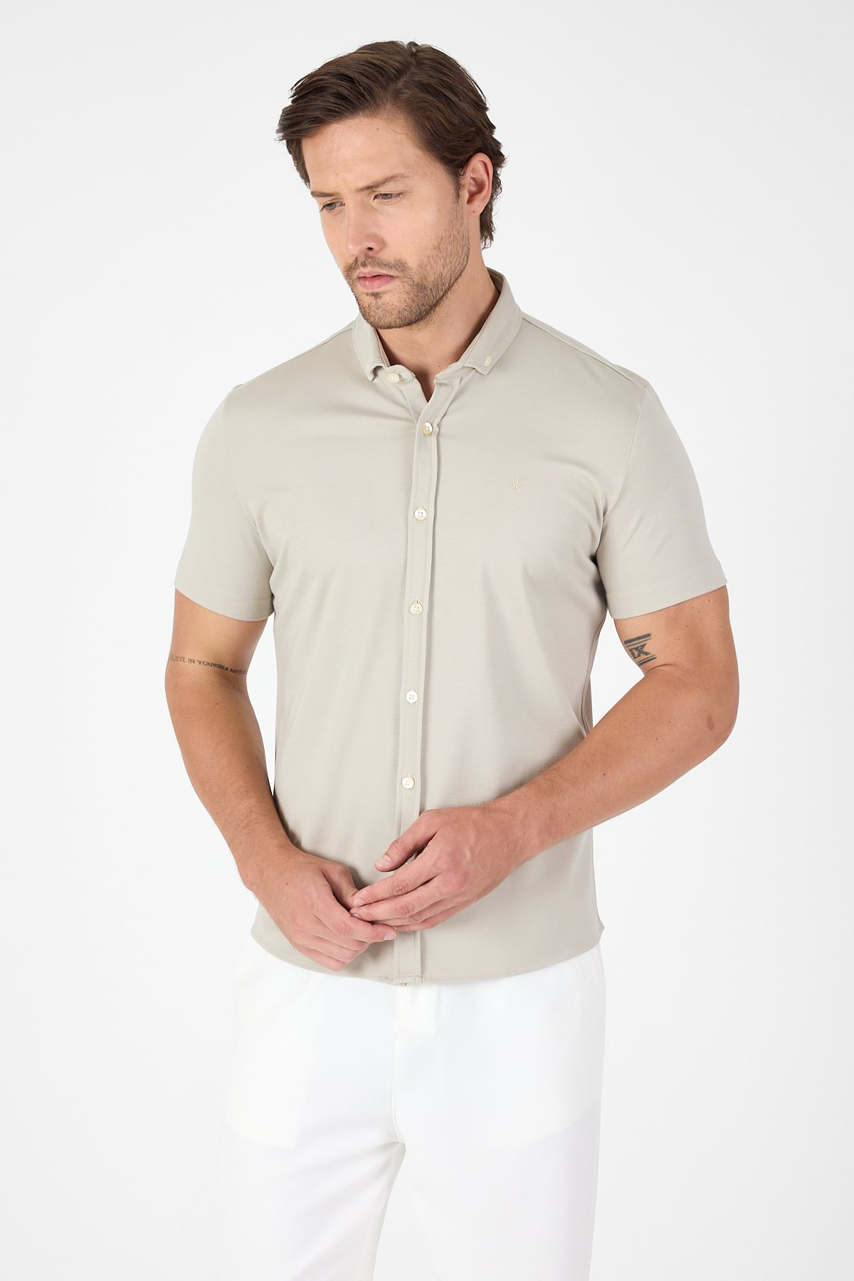 Taş Kısa Kol Düğmeli Yaka Cepsiz Performans Ürün Slim Fit  Gömlek 1004250256