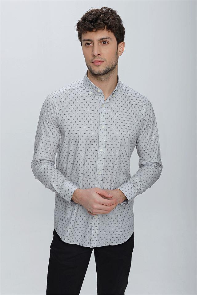 Gri Uzun Kol Klasik Slim Fit Pamuklu Likralı Gömlek 1004225247