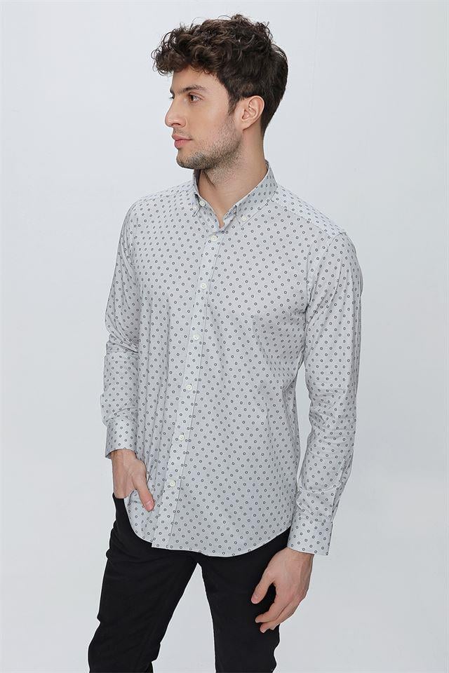 Gri Uzun Kol Klasik Slim Fit Pamuklu Likralı Gömlek 1004225247