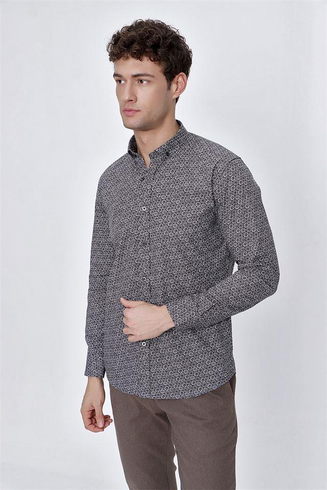 Kahverengi Uzun Kol Gömlek Yaka Klasik Slim Fit Pamuklu Gömlek 1004225223