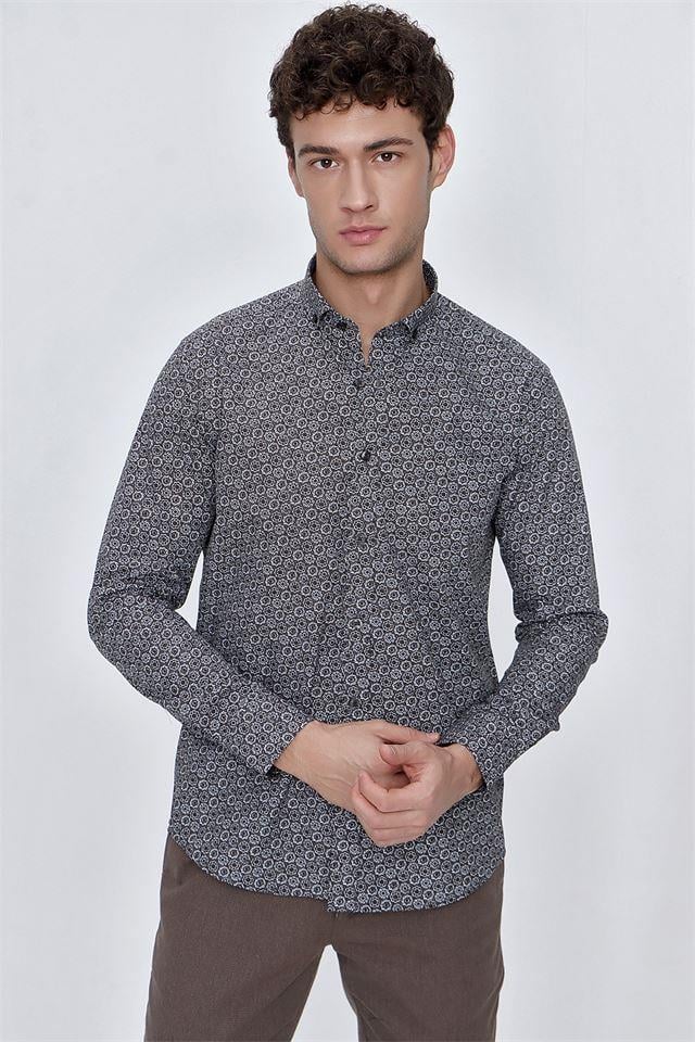 Kahverengi Uzun Kol Gömlek Yaka Klasik Slim Fit Pamuklu Gömlek 1004225223
