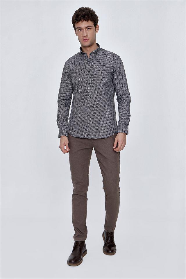 Kahverengi Uzun Kol Gömlek Yaka Klasik Slim Fit Pamuklu Gömlek 1004225223