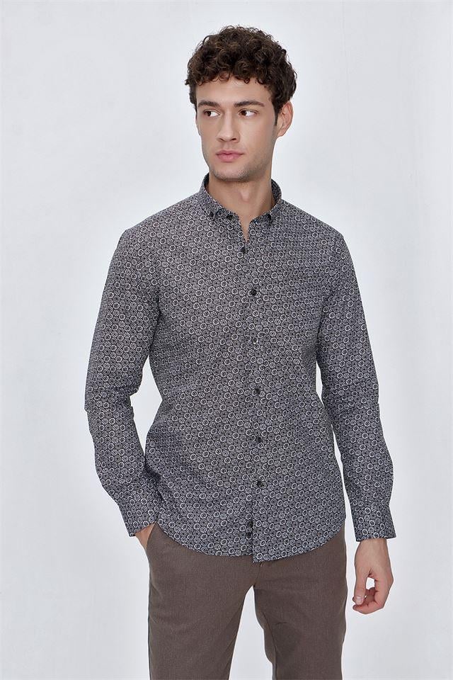 Kahverengi Uzun Kol Gömlek Yaka Klasik Slim Fit Pamuklu Gömlek 1004225223