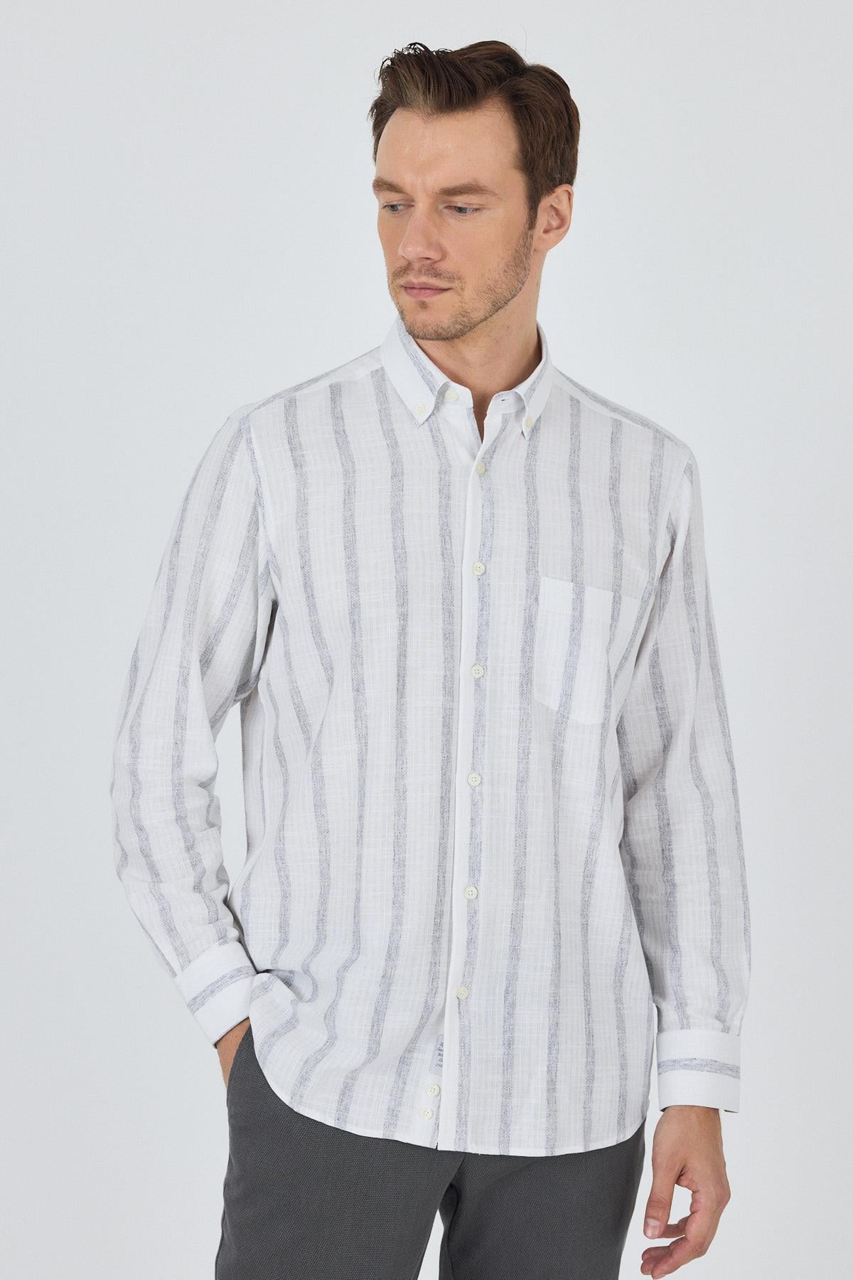 Kol Çizgili Desen Bez Ayağı Düğmeli Yaka cepli Pamuklu Casual Comfort Fit Gömlek 1004250190