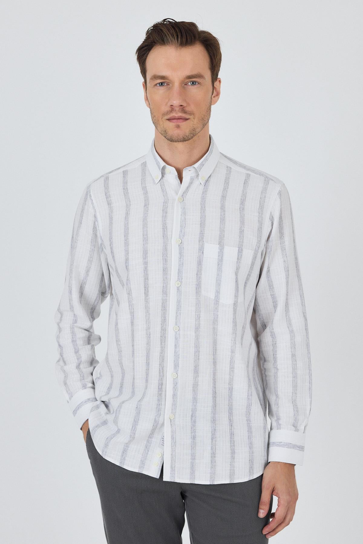 Kol Çizgili Desen Bez Ayağı Düğmeli Yaka cepli Pamuklu Casual Comfort Fit Gömlek 1004250190