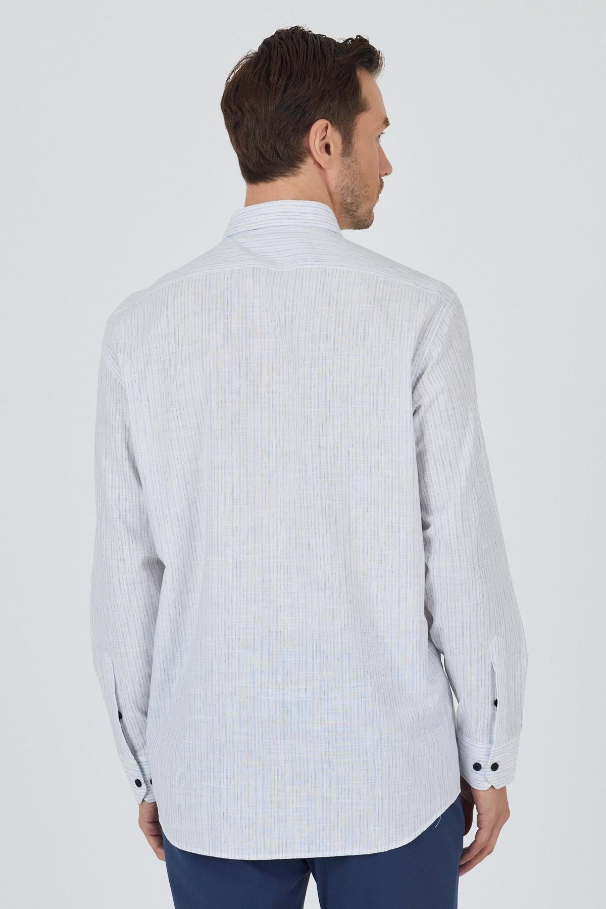 Mavi Kol Çizgili Desen Bez Ayağı Düğmeli Yaka cepli Pamuklu Casual Comfort Fit Gömlek 1004250100