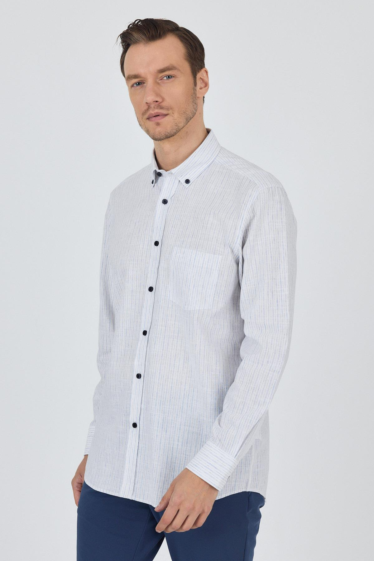Mavi Kol Çizgili Desen Bez Ayağı Düğmeli Yaka cepli Pamuklu Casual Comfort Fit Gömlek 1004250100