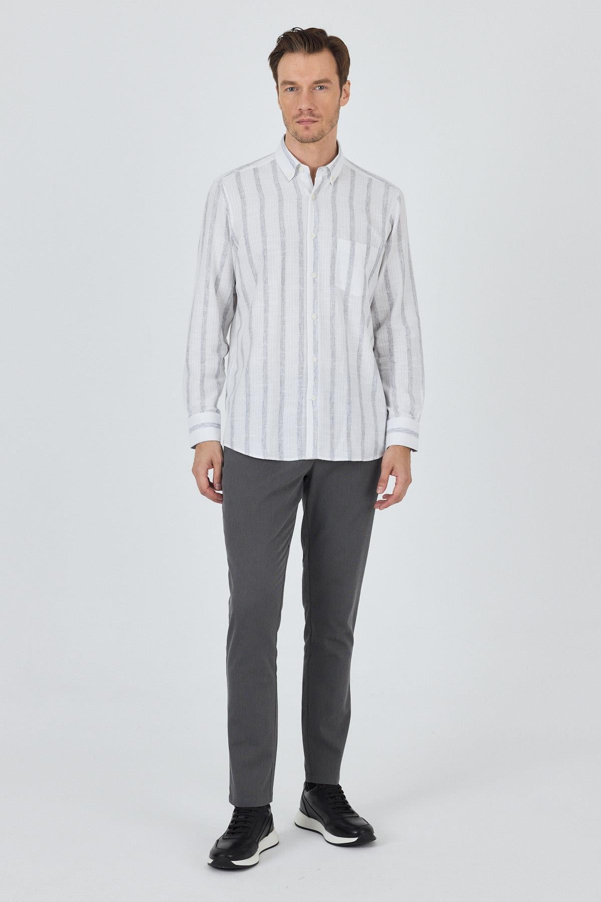 Kol Çizgili Desen Bez Ayağı Düğmeli Yaka cepli Pamuklu Casual Comfort Fit Gömlek 1004250190