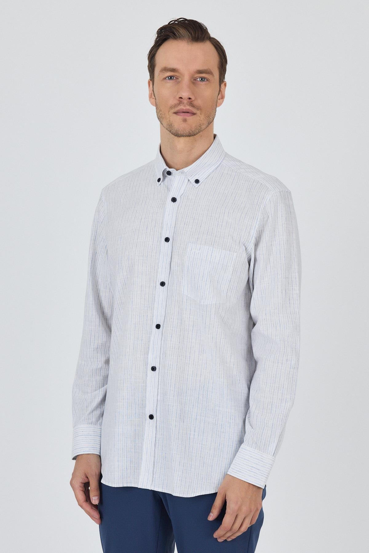 Mavi Kol Çizgili Desen Bez Ayağı Düğmeli Yaka cepli Pamuklu Casual Comfort Fit Gömlek 1004250100