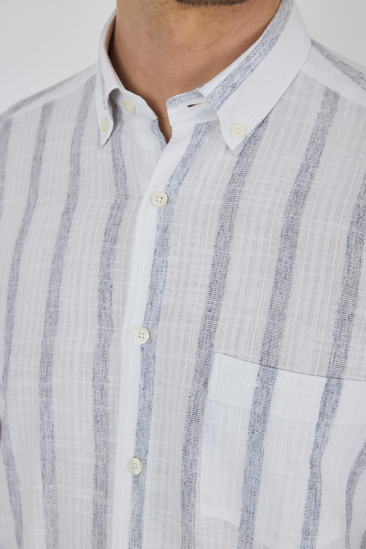 Kol Çizgili Desen Bez Ayağı Düğmeli Yaka cepli Pamuklu Casual Comfort Fit Gömlek 1004250190
