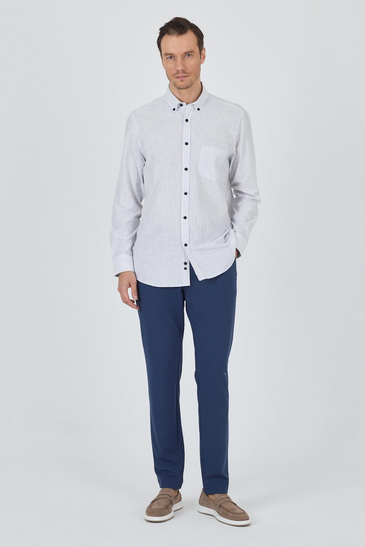 Mavi Kol Çizgili Desen Bez Ayağı Düğmeli Yaka cepli Pamuklu Casual Comfort Fit Gömlek 1004250100