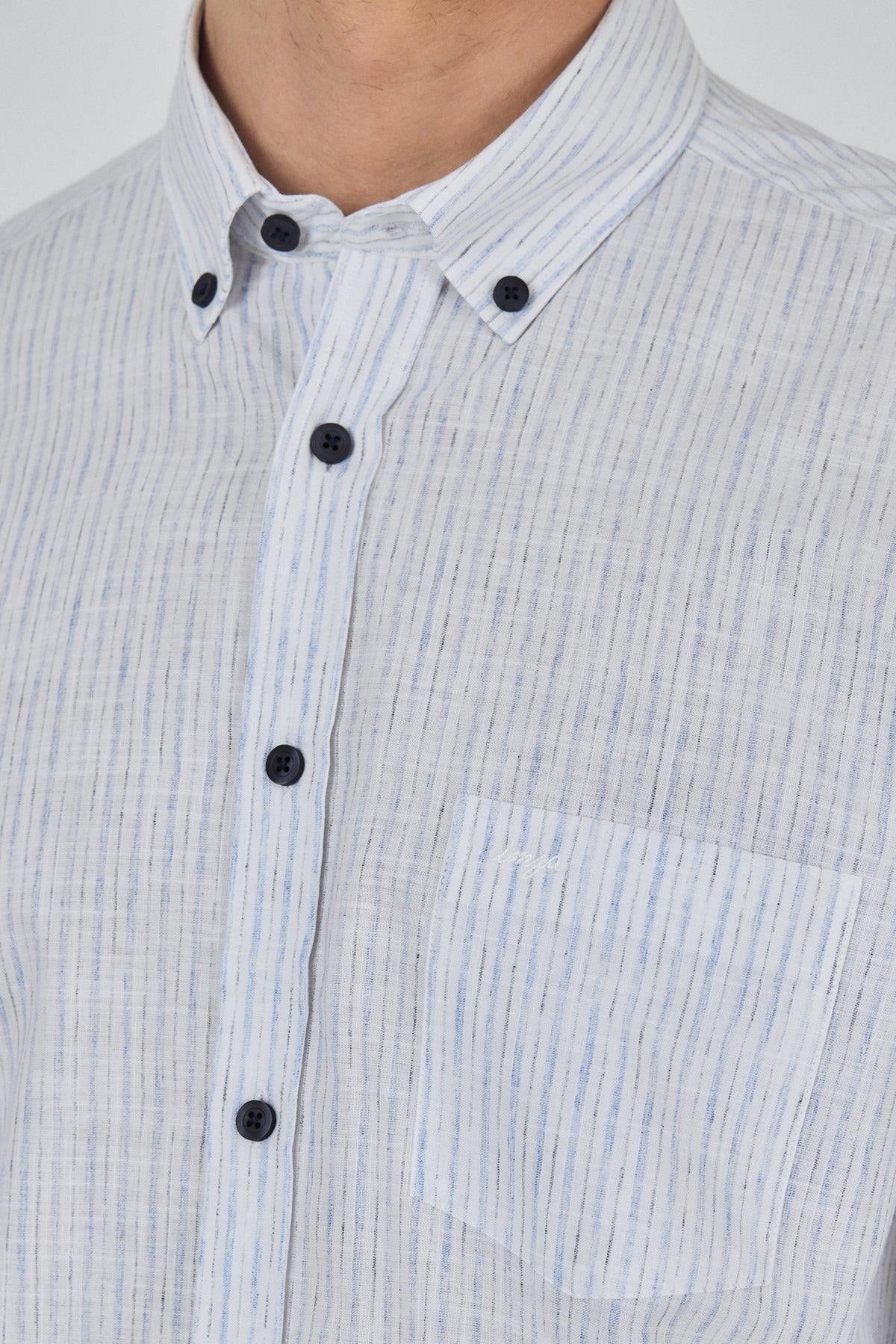 Mavi Kol Çizgili Desen Bez Ayağı Düğmeli Yaka cepli Pamuklu Casual Comfort Fit Gömlek 1004250100