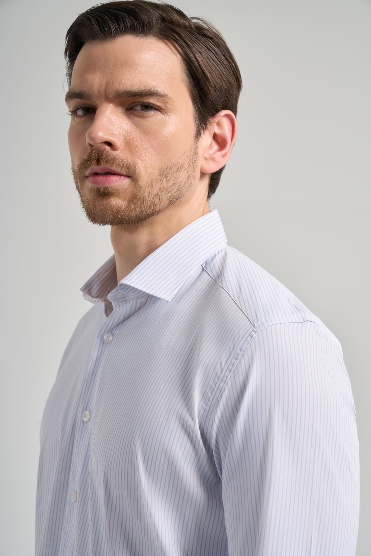 Kol Çizgili Desen Bez Ayağı İtalyan Yaka Cepsiz Esnek Classic Slim Fit Gömlek 1004250201