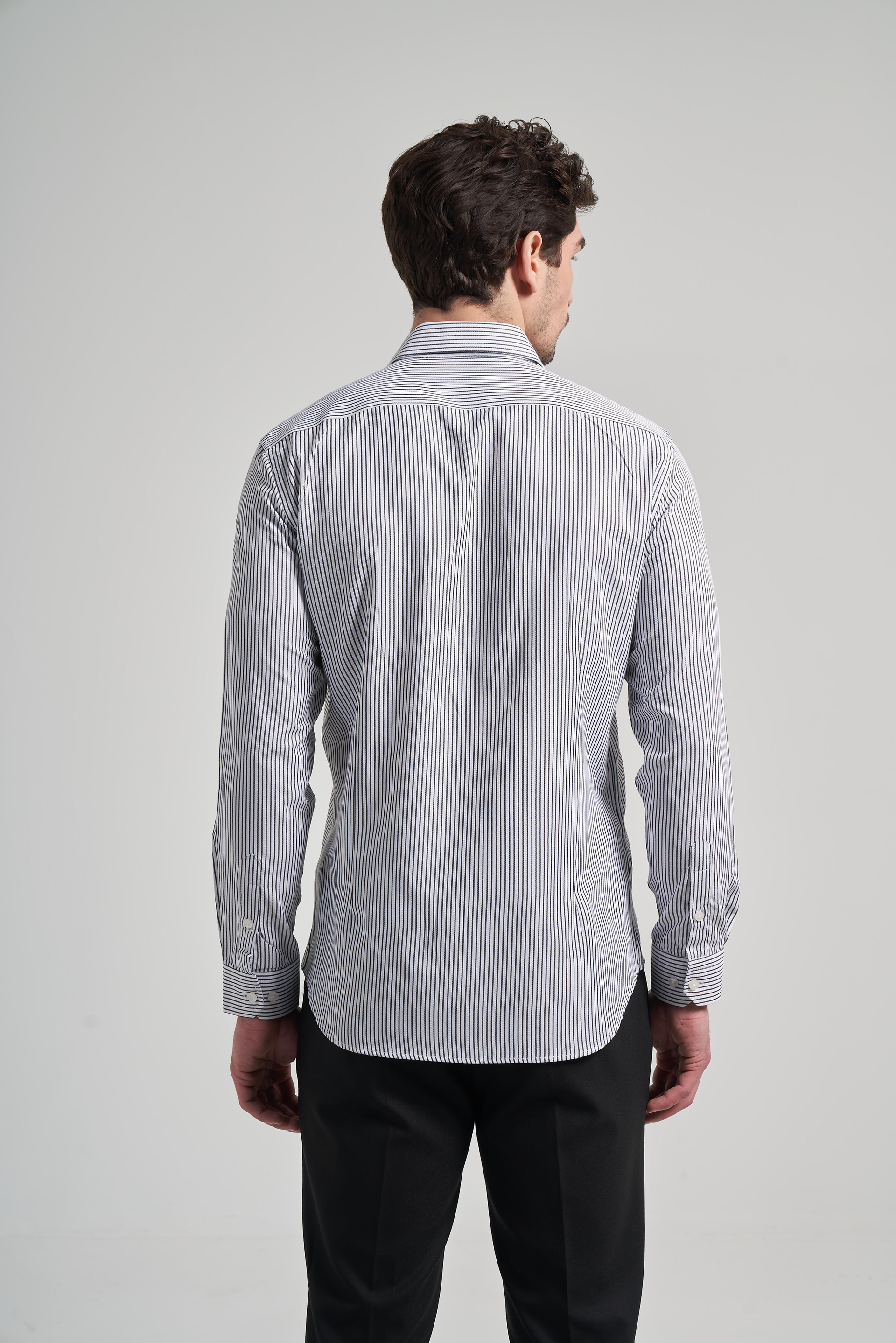 Kol Çizgili Desen Bez Ayağı İtalyan Yaka Cepsiz Pamuklu Classic Slim Fit Gömlek 1004250180