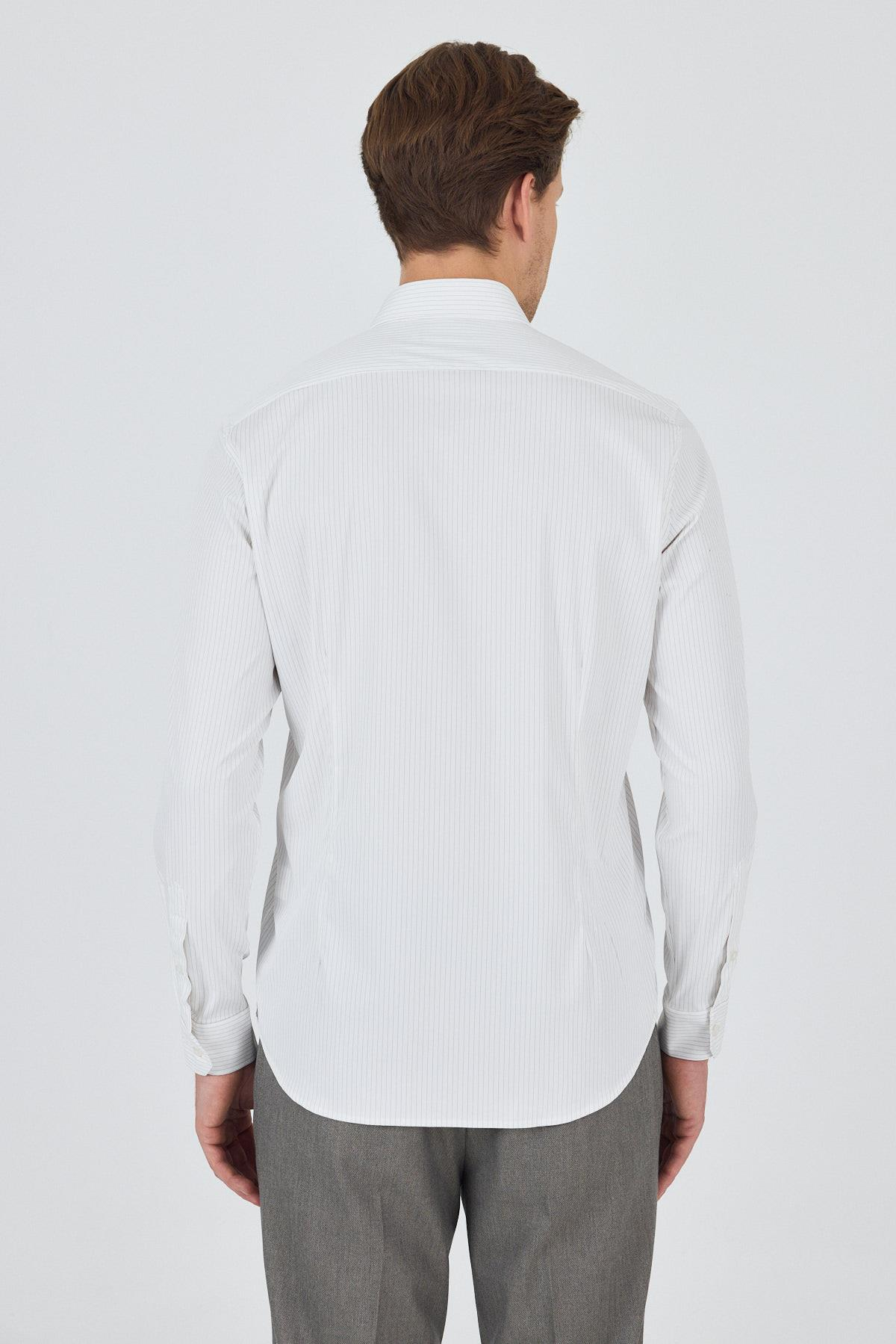 Beyaz Uzun Kol Çizgili Desen Bez Ayağı İtalyan Yaka Cepsiz Esnek Classic Slim Fit Gömlek 1004250202
