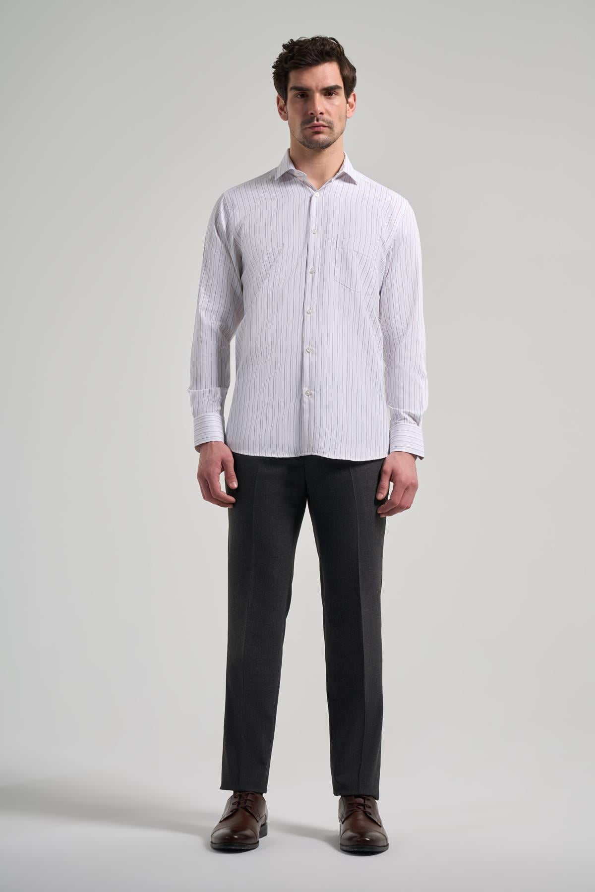 Kol Çizgili Desen Bez Ayağı İtalyan Yaka cepli Pamuklu Classic Comfort Fit Gömlek 1004250182