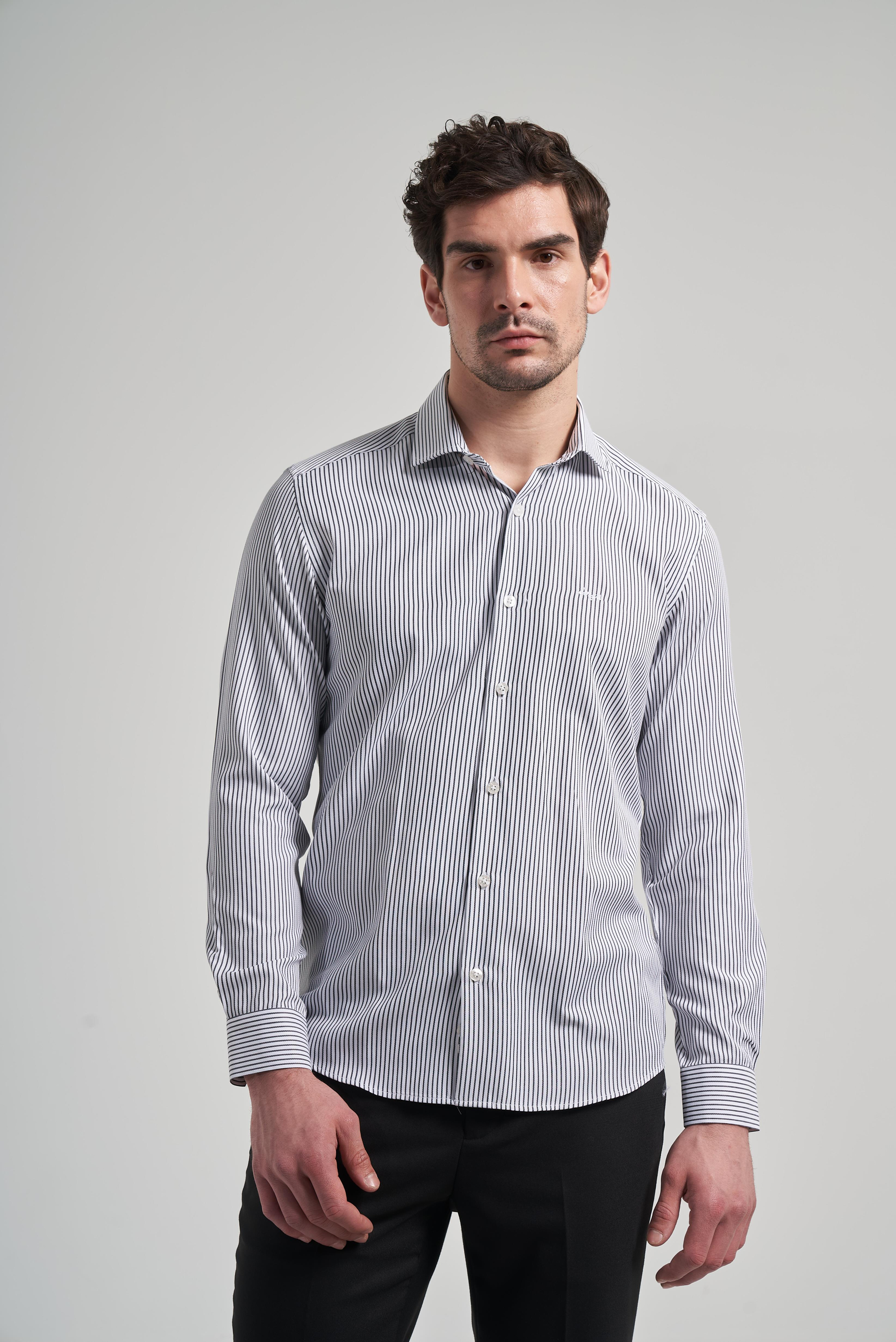 Kol Çizgili Desen Bez Ayağı İtalyan Yaka Cepsiz Pamuklu Classic Slim Fit Gömlek 1004250180