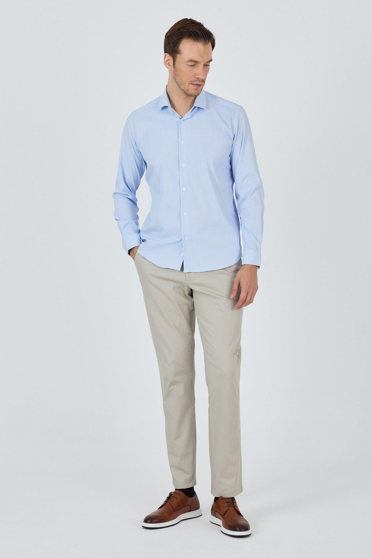 Kol Çizgili Desen Bez Ayağı İtalyan Yaka Cepsiz Esnek Classic Slim Fit Gömlek 1004250200