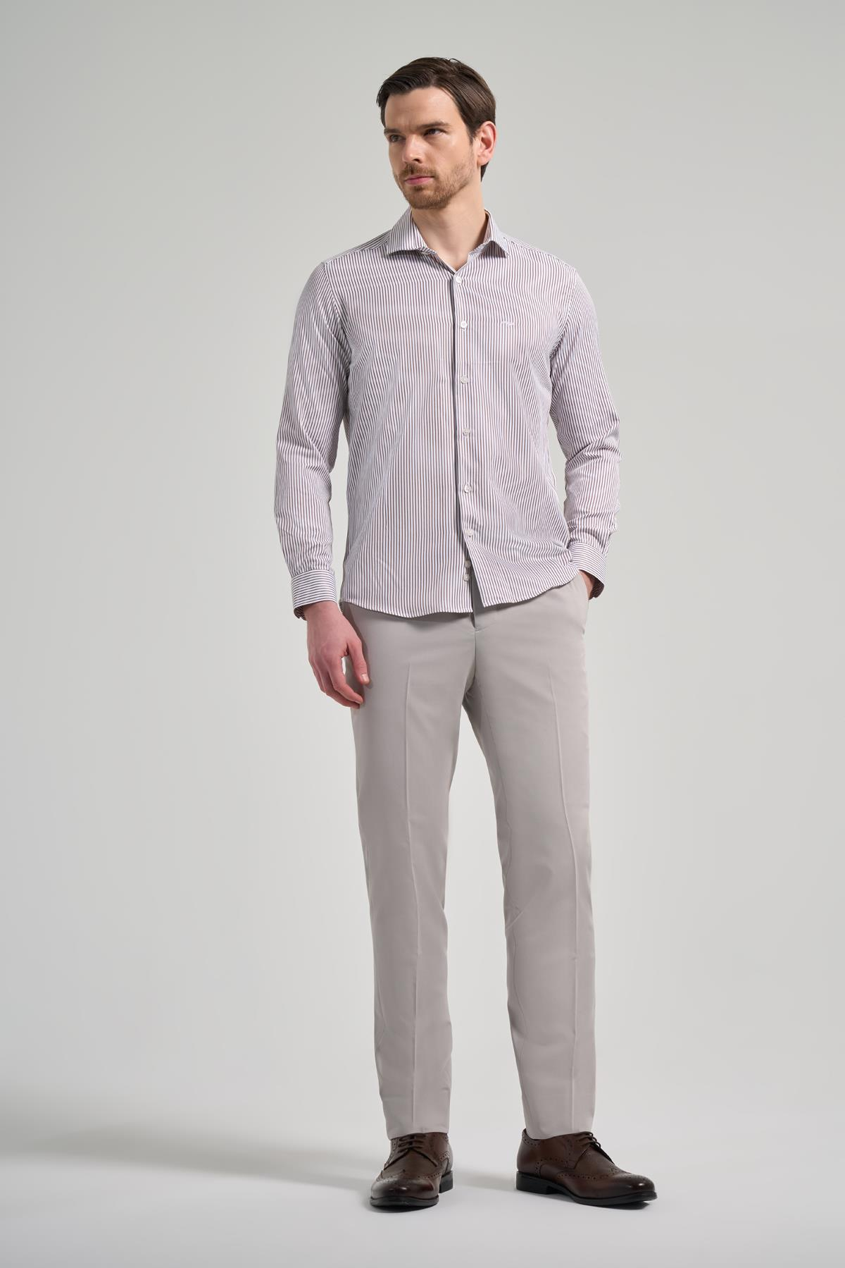 Beyaz Kol Çizgili Desen Bez Ayağı İtalyan Yaka Cepsiz Pamuklu Classic Slim Fit Gömlek 1004250180
