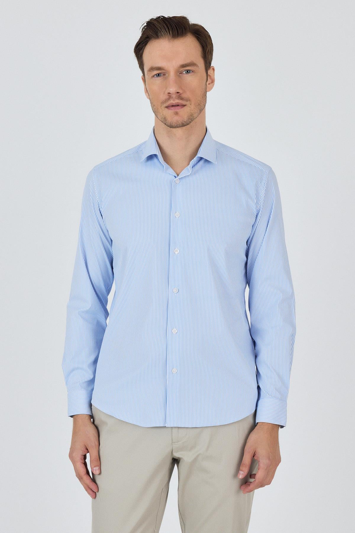 Kol Çizgili Desen Bez Ayağı İtalyan Yaka Cepsiz Esnek Classic Slim Fit Gömlek 1004250200
