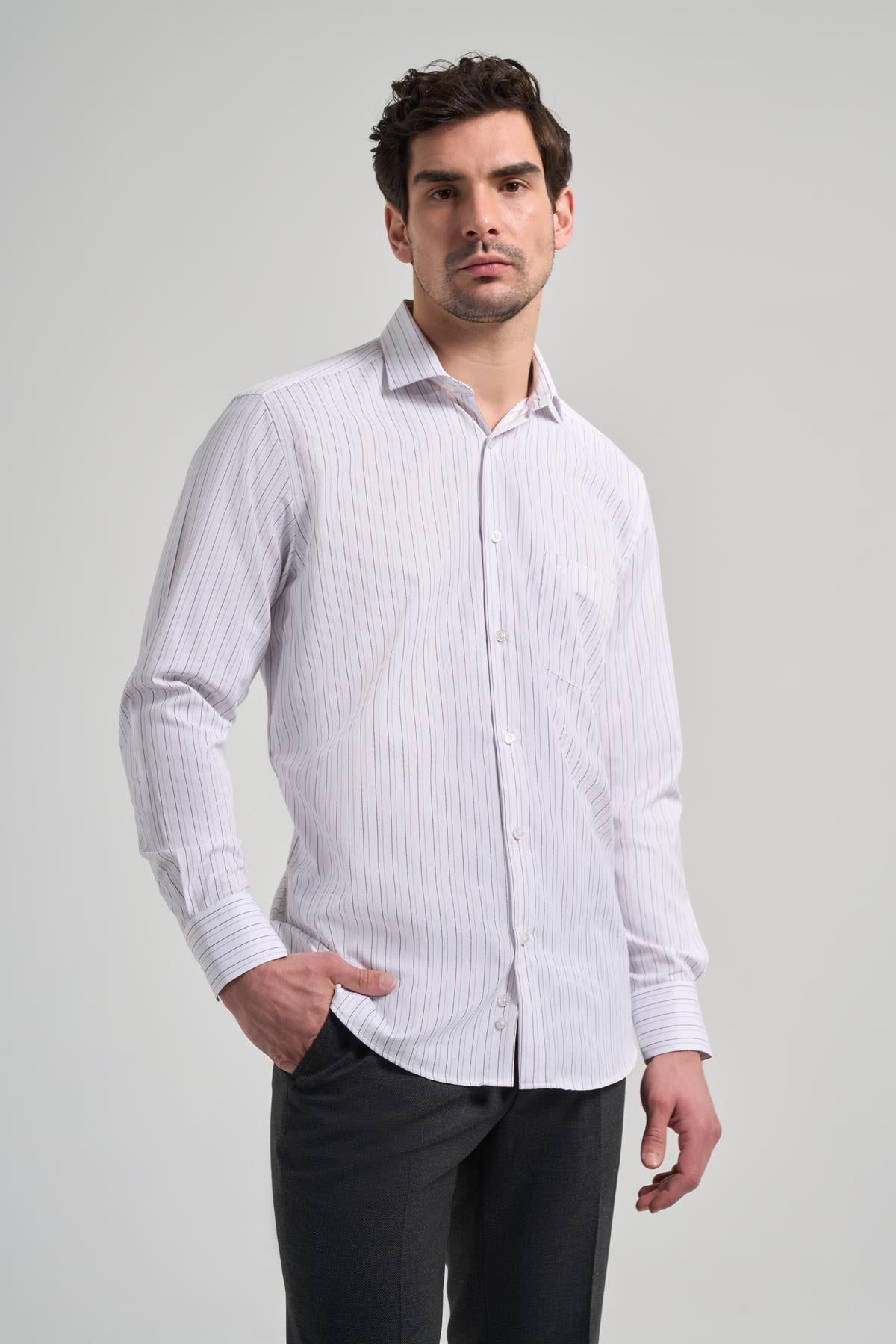 Kol Çizgili Desen Bez Ayağı İtalyan Yaka cepli Pamuklu Classic Comfort Fit Gömlek 1004250182