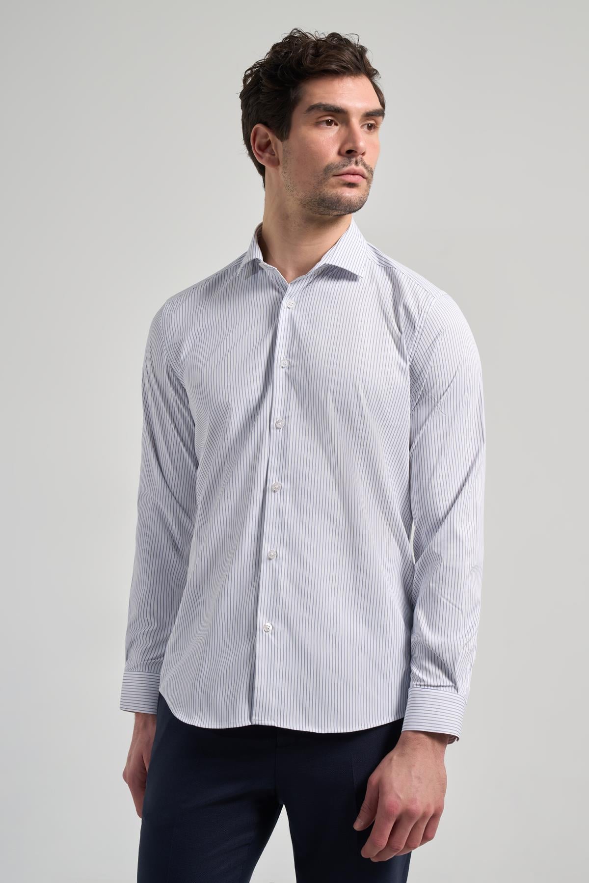 Kol Çizgili Desen Bez Ayağı İtalyan Yaka Cepsiz Esnek Classic Slim Fit Gömlek 1004250201