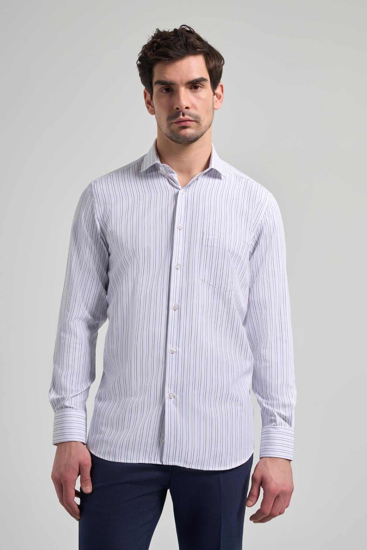 Kol Çizgili Desen Bez Ayağı İtalyan Yaka cepli Pamuklu Classic Comfort Fit Gömlek 1004250182