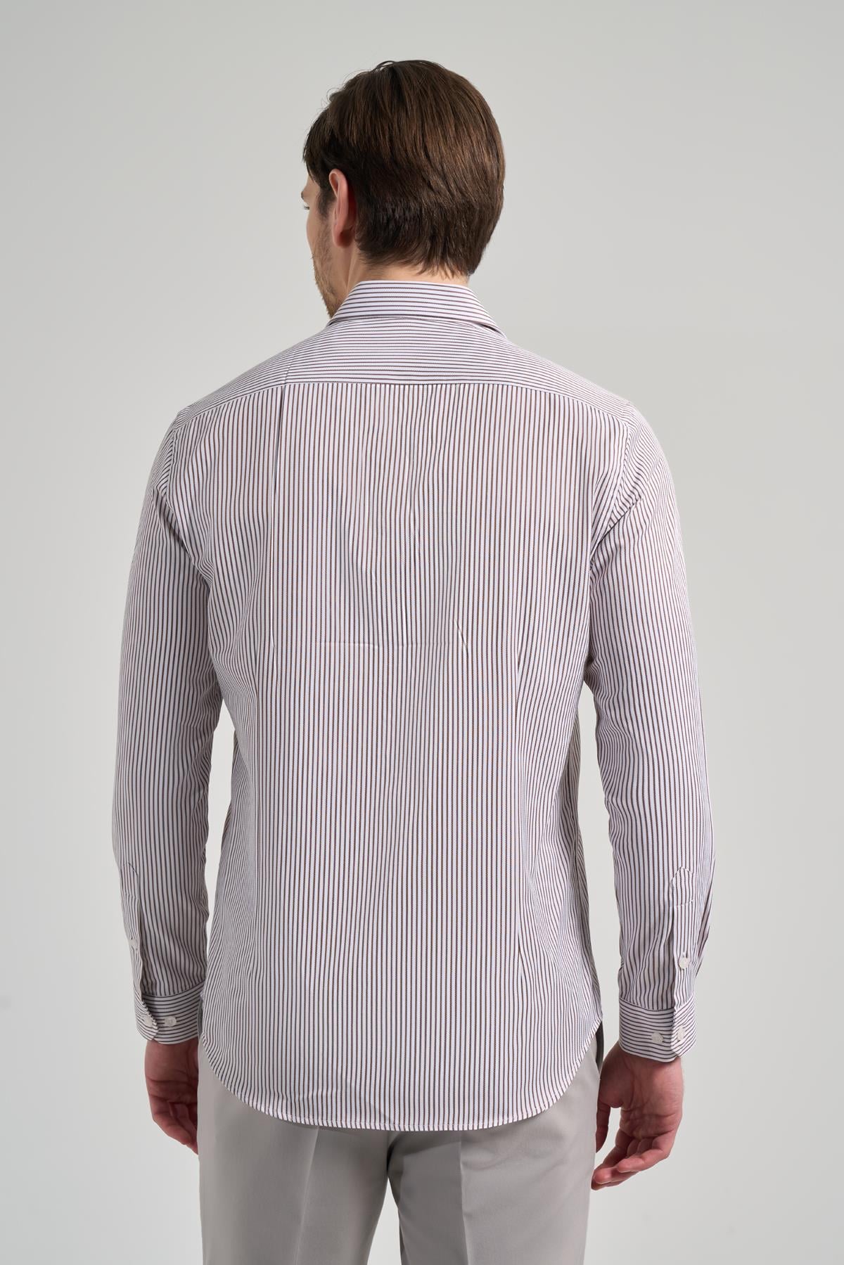 Beyaz Kol Çizgili Desen Bez Ayağı İtalyan Yaka Cepsiz Pamuklu Classic Slim Fit Gömlek 1004250180