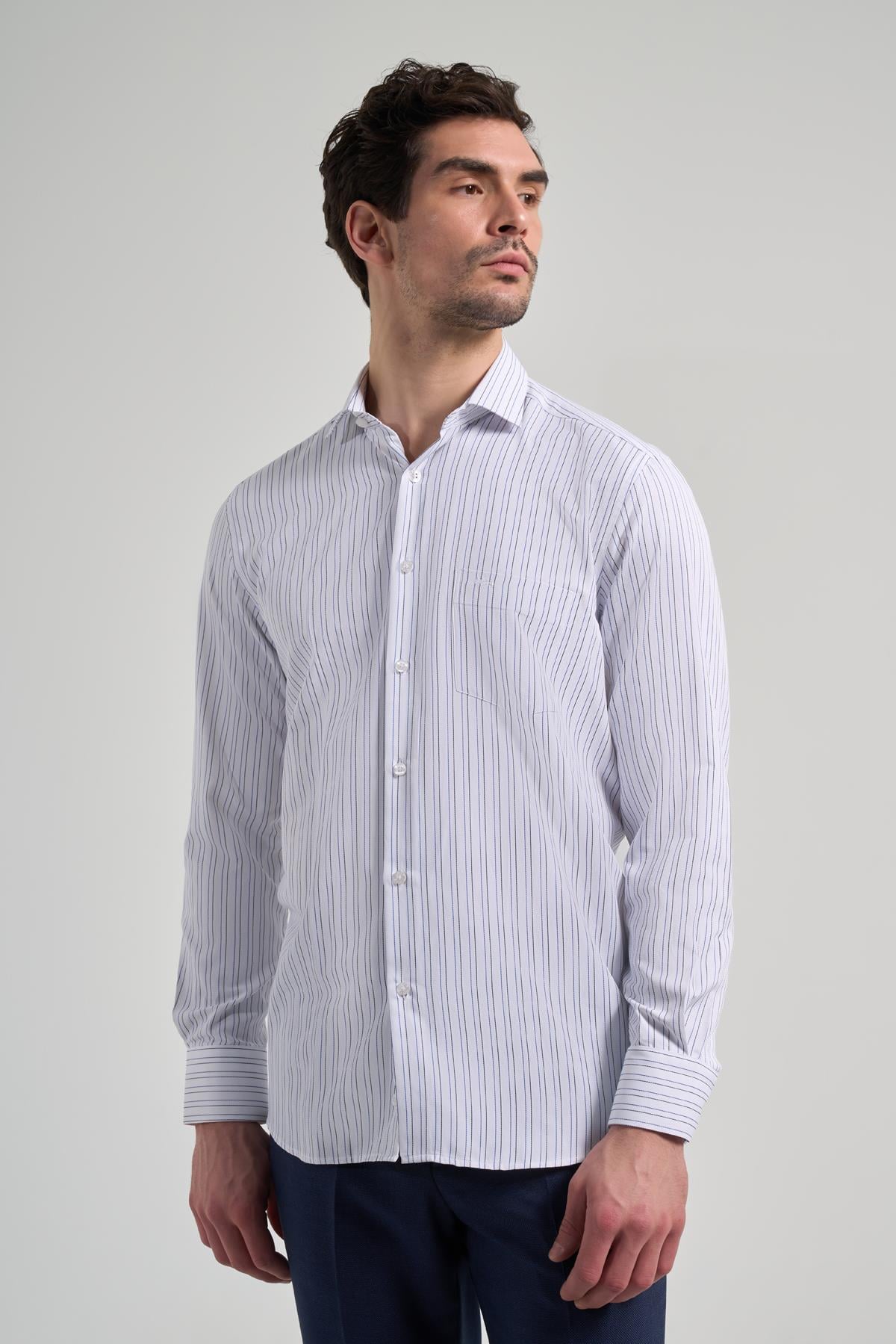 Kol Çizgili Desen Bez Ayağı İtalyan Yaka cepli Pamuklu Classic Comfort Fit Gömlek 1004250182