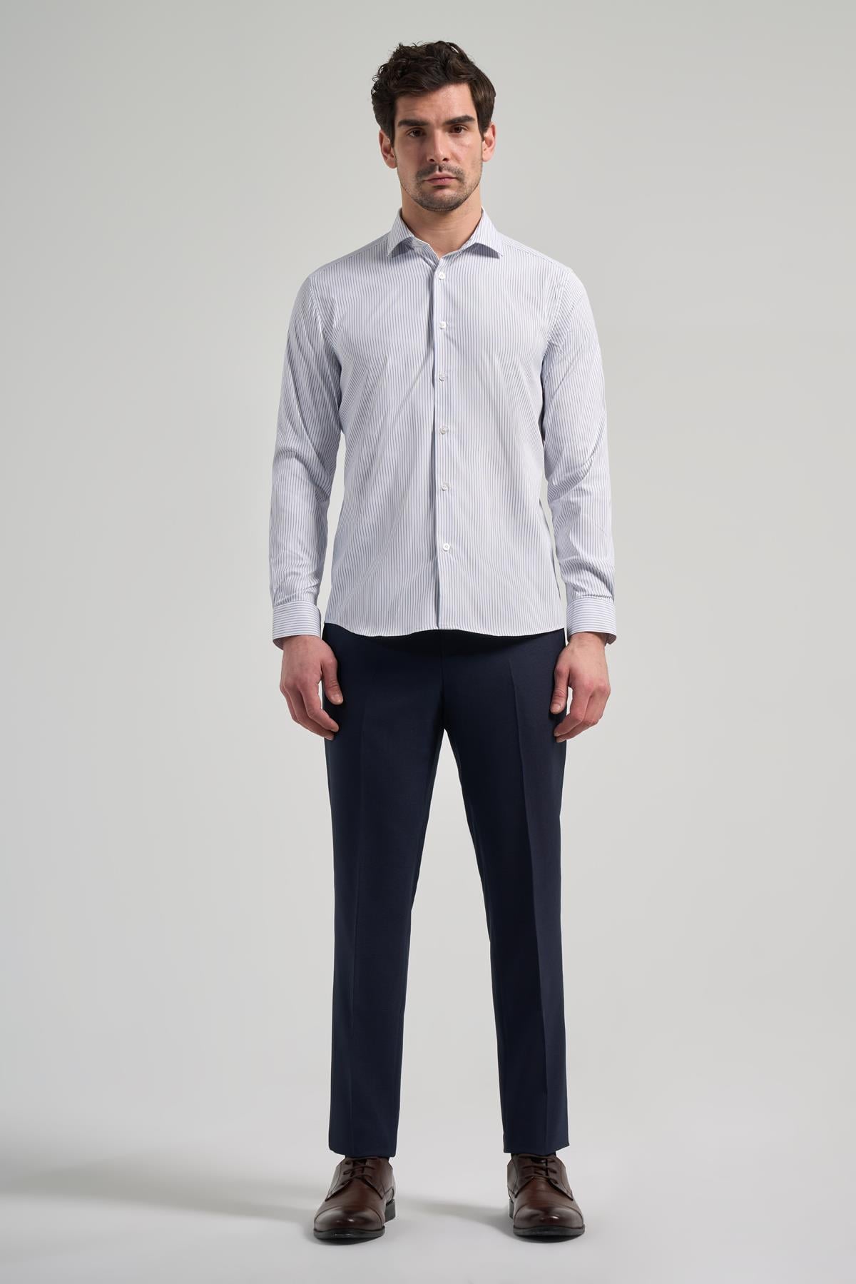 Kol Çizgili Desen Bez Ayağı İtalyan Yaka Cepsiz Esnek Classic Slim Fit Gömlek 1004250201