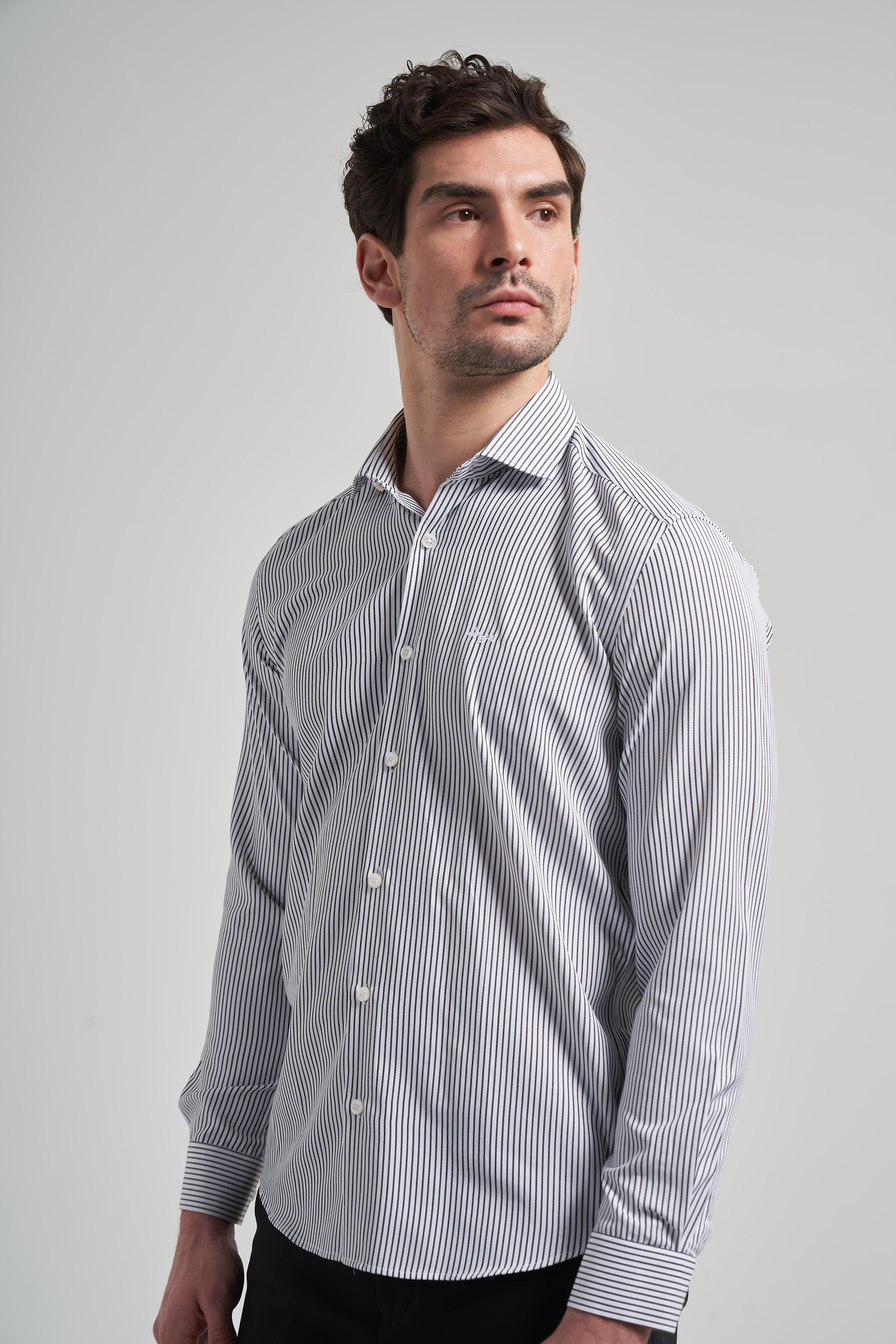 Kol Çizgili Desen Bez Ayağı İtalyan Yaka Cepsiz Pamuklu Classic Slim Fit Gömlek 1004250180