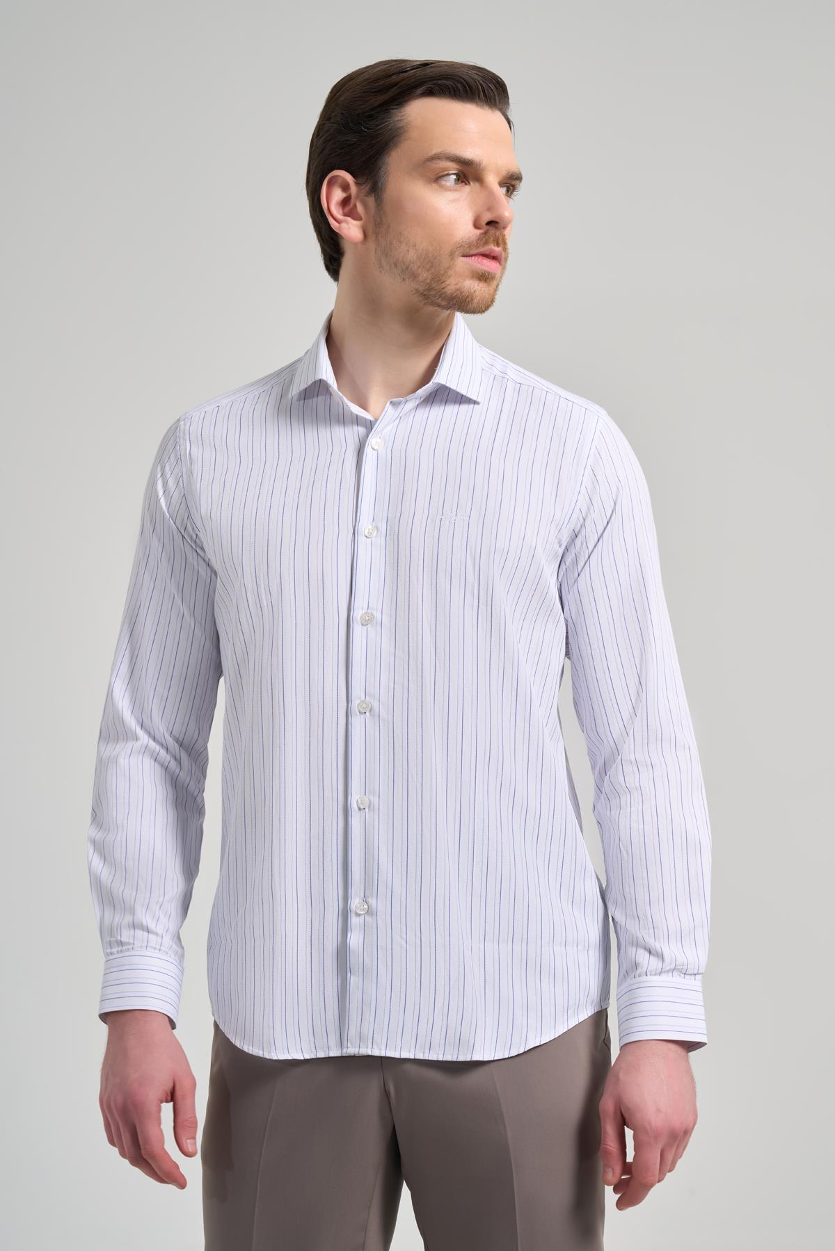 Beyaz Kol Çizgili Desen Bez Ayağı İtalyan Yaka Cepsiz Pamuklu Classic Slim Fit Gömlek 1004250181