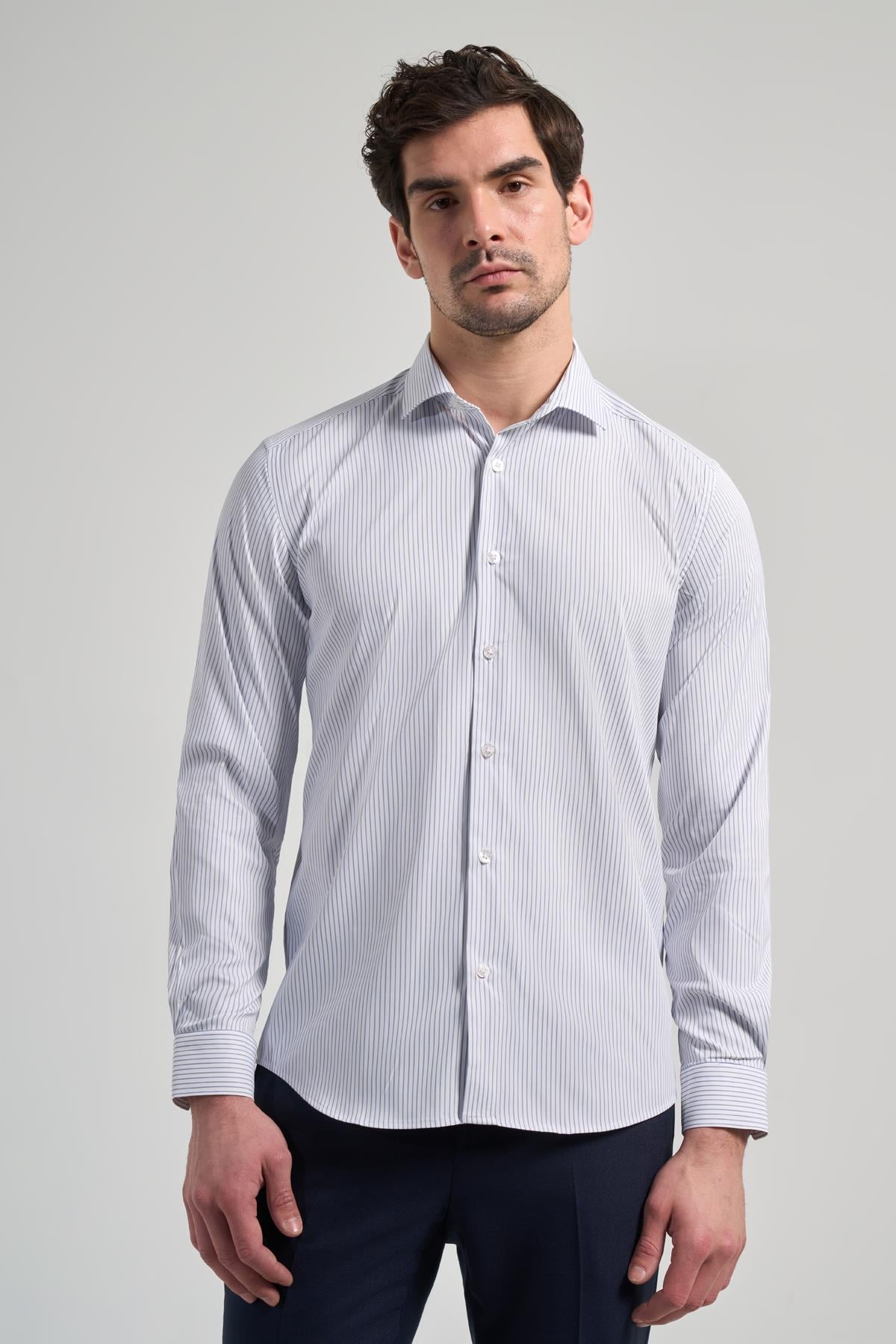 Kol Çizgili Desen Bez Ayağı İtalyan Yaka Cepsiz Esnek Classic Slim Fit Gömlek 1004250201