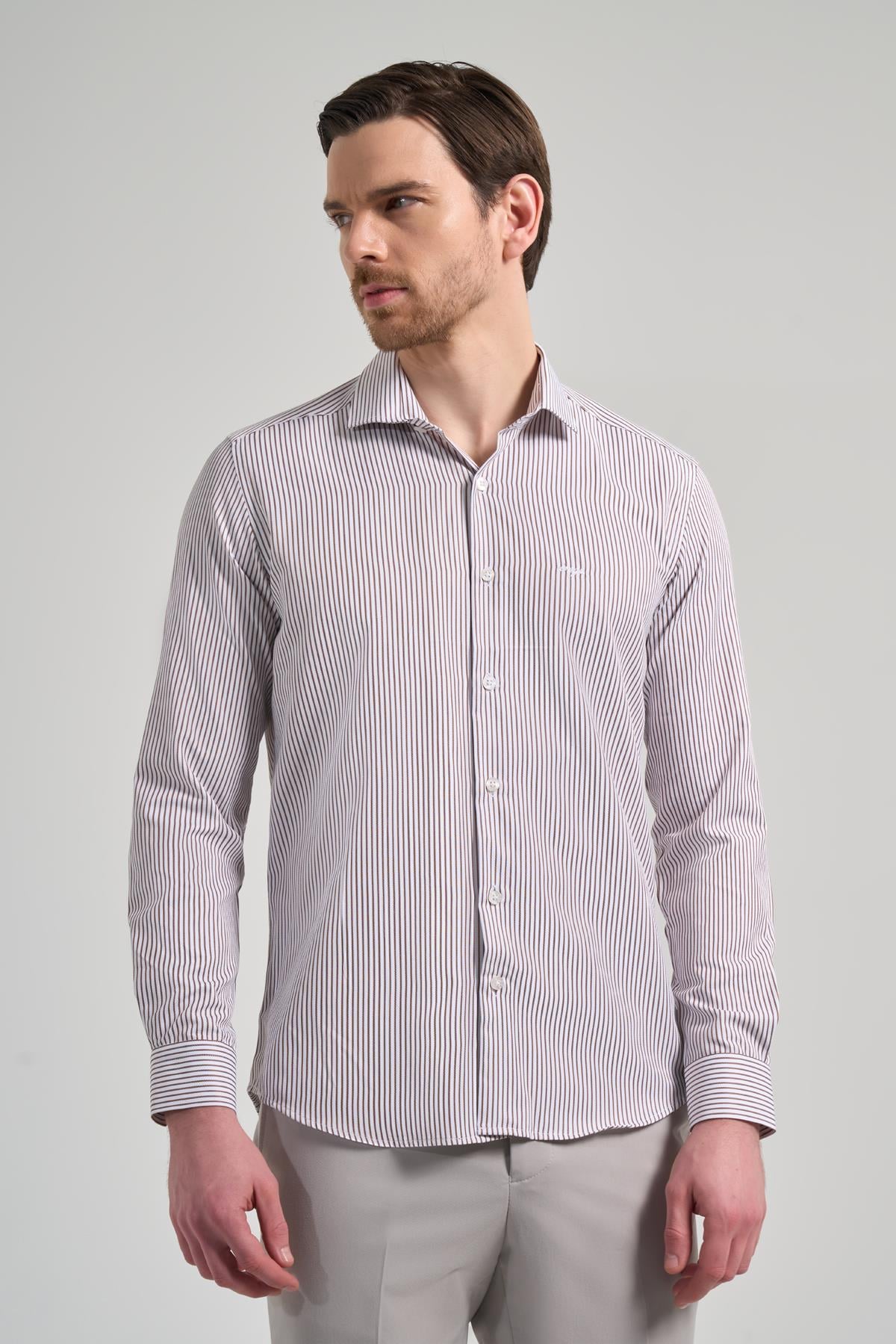 Beyaz Kol Çizgili Desen Bez Ayağı İtalyan Yaka Cepsiz Pamuklu Classic Slim Fit Gömlek 1004250180