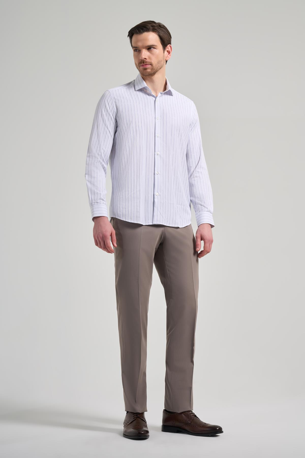 Beyaz Kol Çizgili Desen Bez Ayağı İtalyan Yaka Cepsiz Pamuklu Classic Slim Fit Gömlek 1004250181