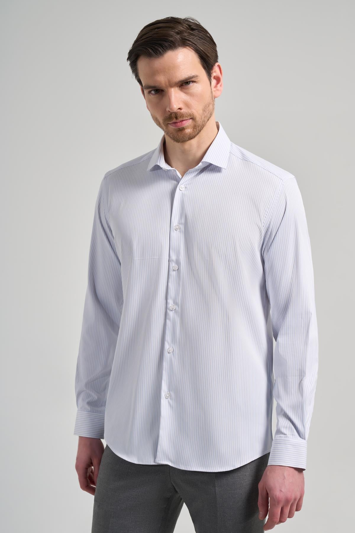 Kol Çizgili Desen Bez Ayağı İtalyan Yaka Cepsiz Esnek Classic Slim Fit Gömlek 1004250201