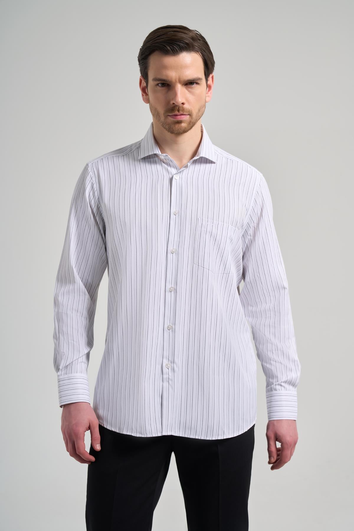 Kol Çizgili Desen Bez Ayağı İtalyan Yaka cepli Pamuklu Classic Comfort Fit Gömlek 1004250182