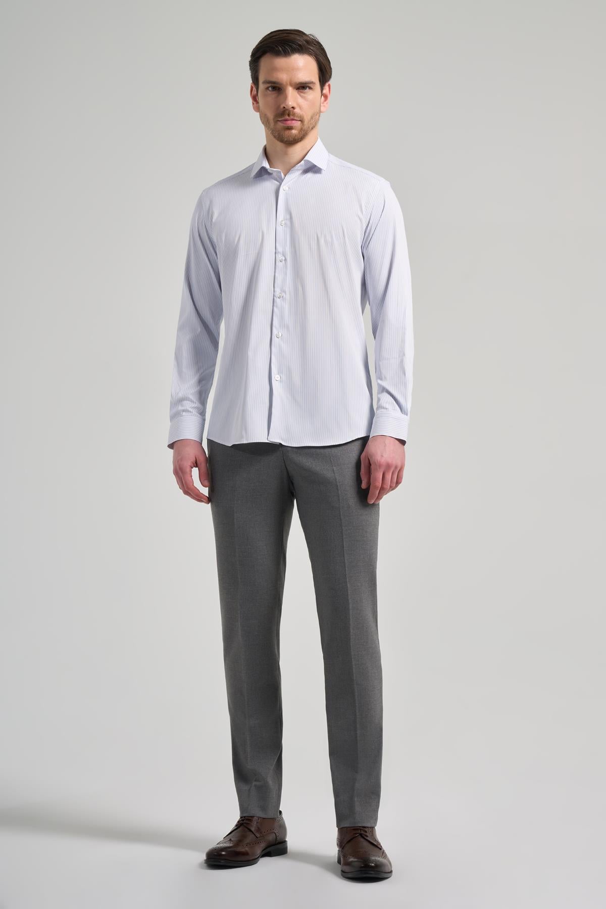 Kol Çizgili Desen Bez Ayağı İtalyan Yaka Cepsiz Esnek Classic Slim Fit Gömlek 1004250201