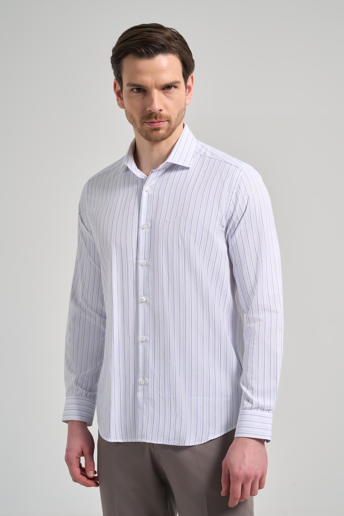 Beyaz Kol Çizgili Desen Bez Ayağı İtalyan Yaka Cepsiz Pamuklu Classic Slim Fit Gömlek 1004250181