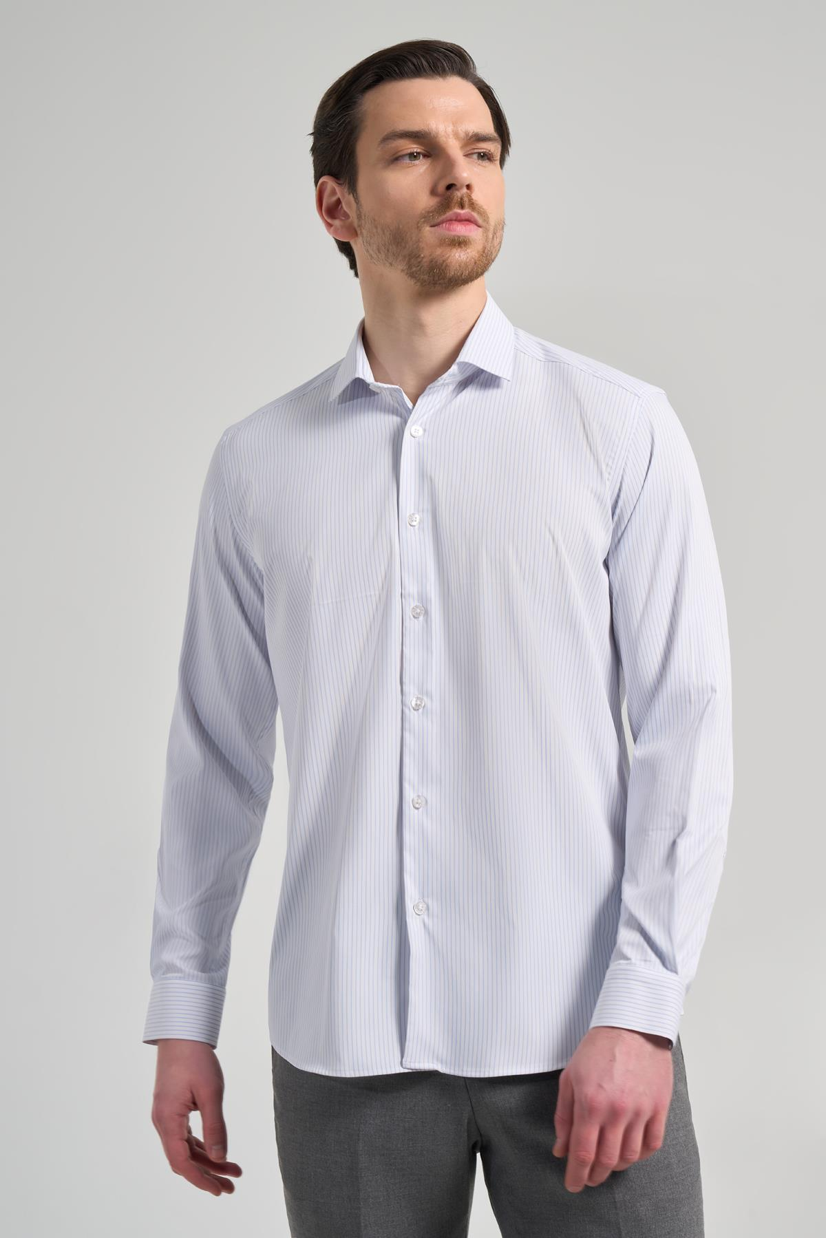 Kol Çizgili Desen Bez Ayağı İtalyan Yaka Cepsiz Esnek Classic Slim Fit Gömlek 1004250201
