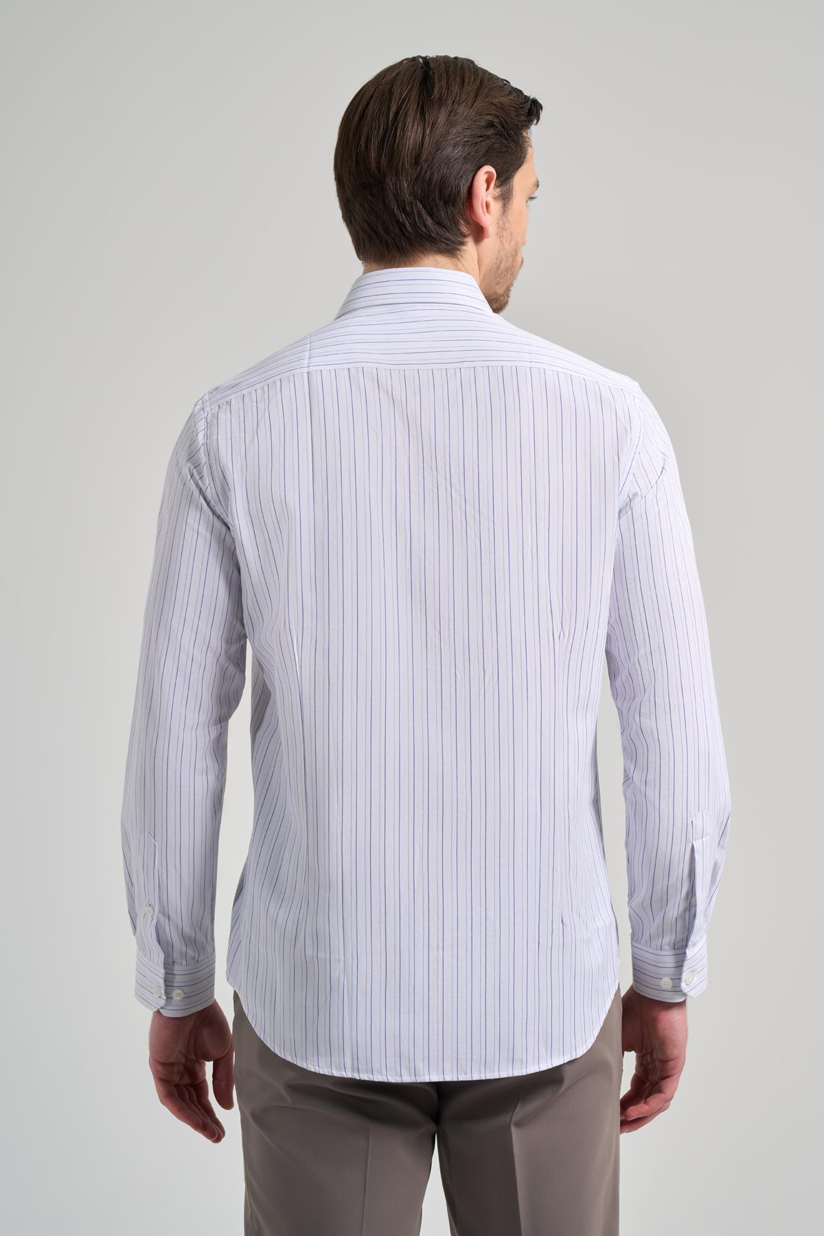 Beyaz Kol Çizgili Desen Bez Ayağı İtalyan Yaka Cepsiz Pamuklu Classic Slim Fit Gömlek 1004250181