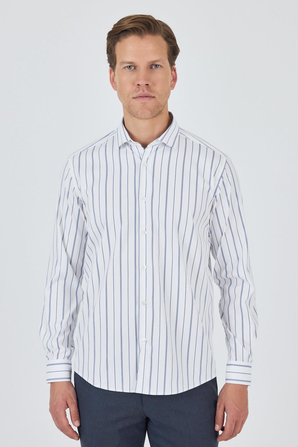 Kol Çizgili Desen Bez Ayağı İtalyan Yaka Cepsiz Esnek Classic Slim Fit Gömlek 1004250203