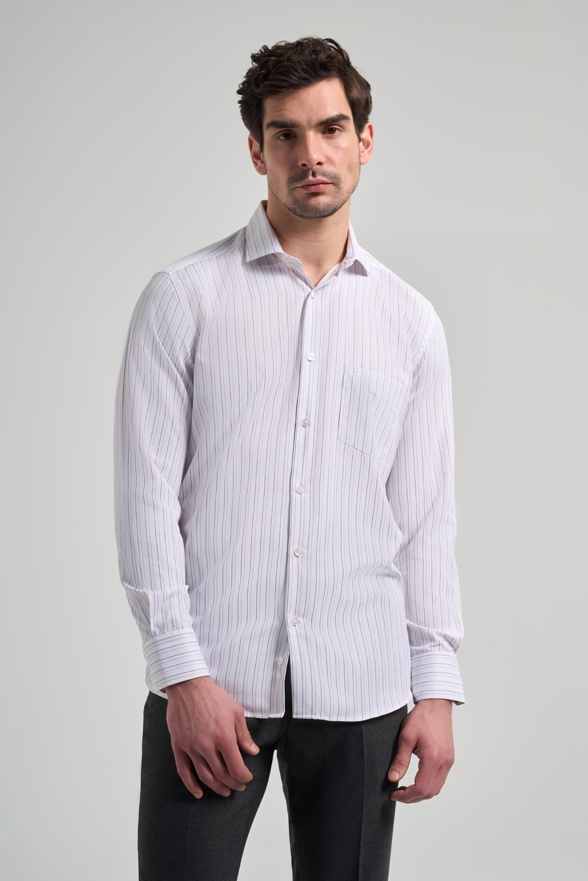 Kol Çizgili Desen Bez Ayağı İtalyan Yaka cepli Pamuklu Classic Comfort Fit Gömlek 1004250182